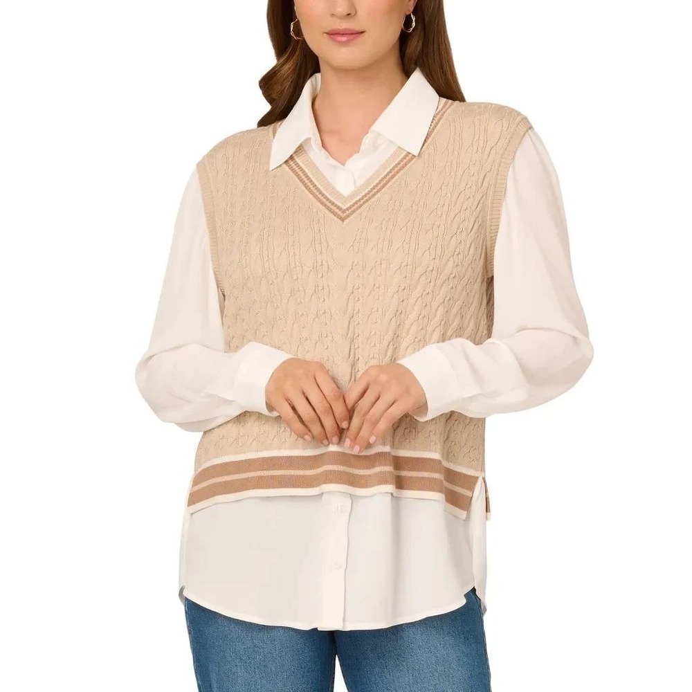 NWT Adrianna Papell Women's XL Cream Cable Knit Sweater Vest Blouse Viscose